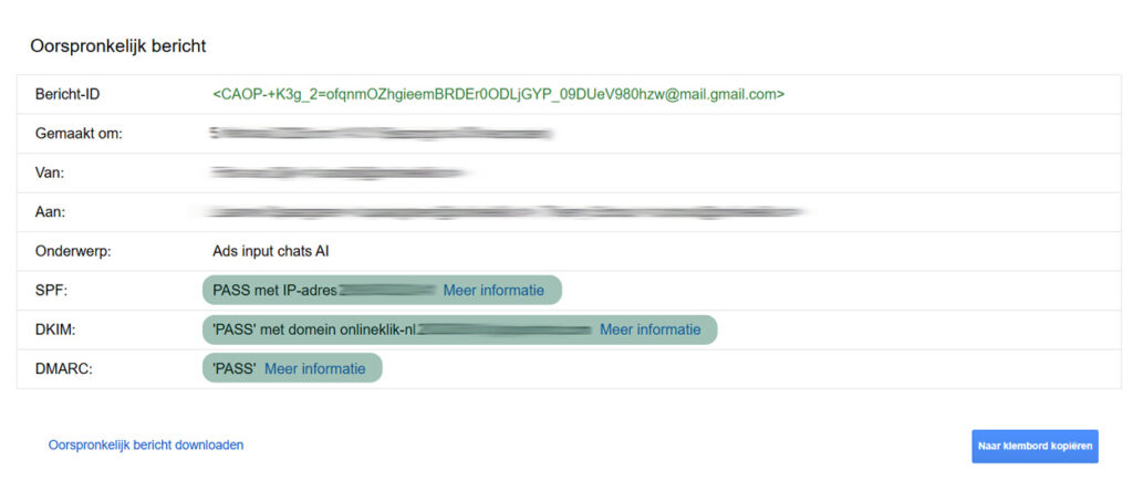 Zoek naar de status SPF, DKIM en DMARC.